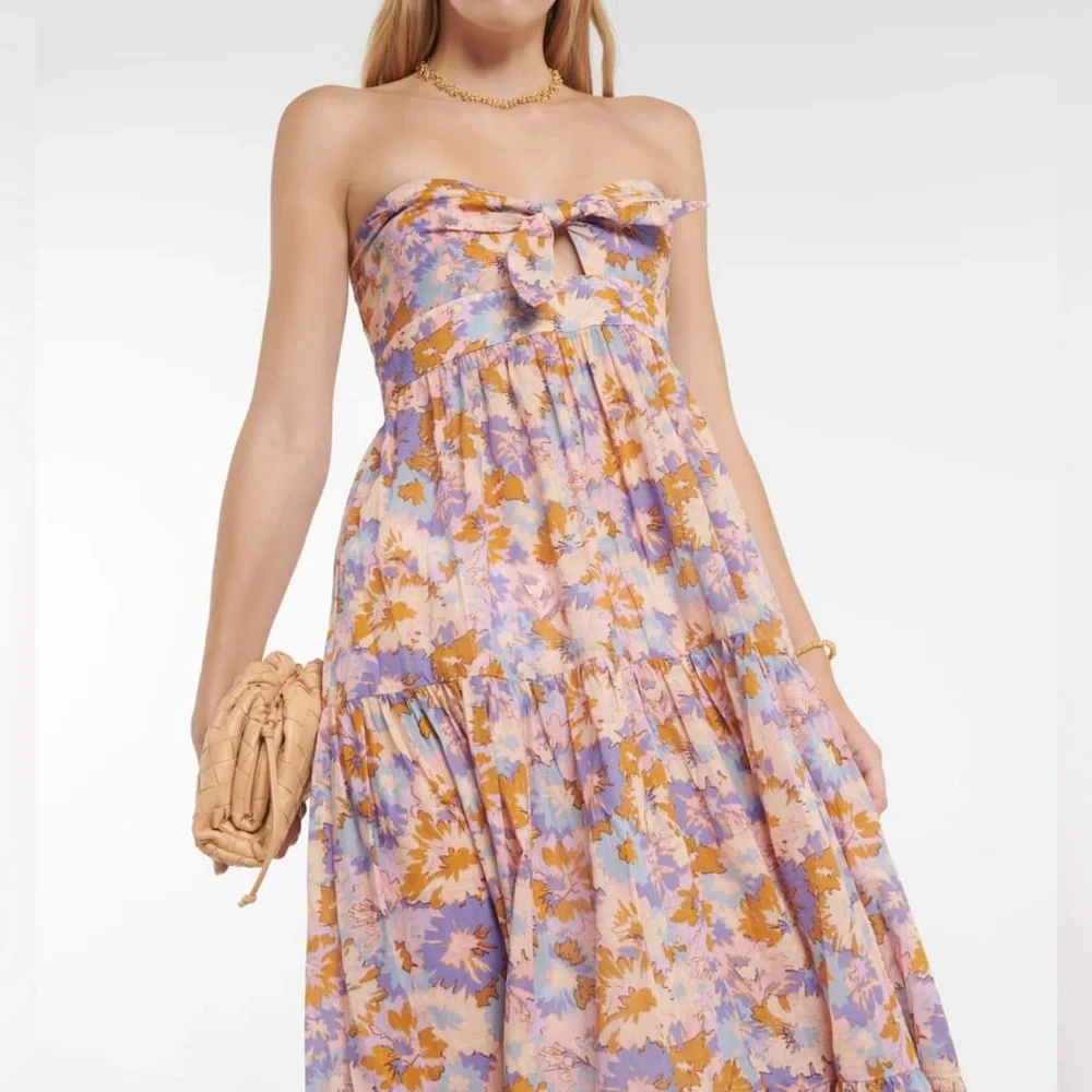 ZIMMERMANN Floral Print Cutout Strapless Tiered Midi Dress in Purple Floral - Picture 6 of 13